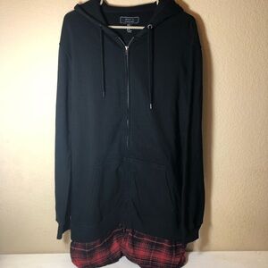21 Men Black Longline Zip-Up Hoodie with Red Plaid Hem/layered look, Medium